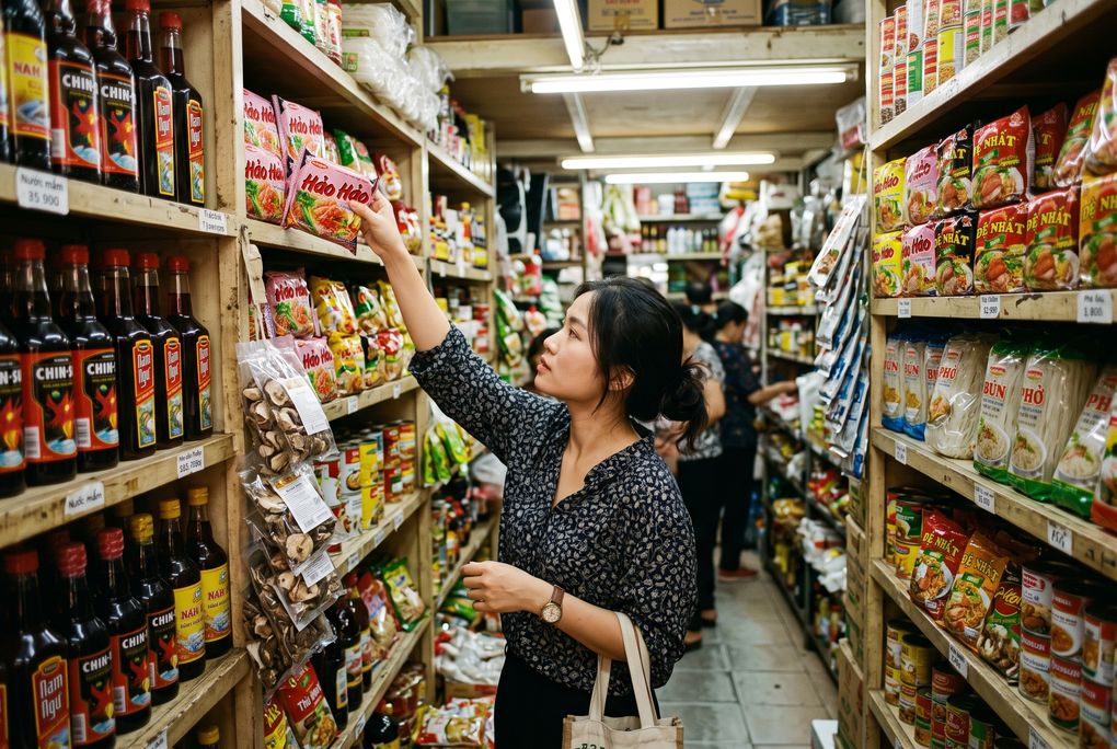 A woman reaching for a packet of instant noodles in the narrow aisle of a Vietnamese grocery store, shelves stacked with fish sauce, dried mushrooms and rice noodles.