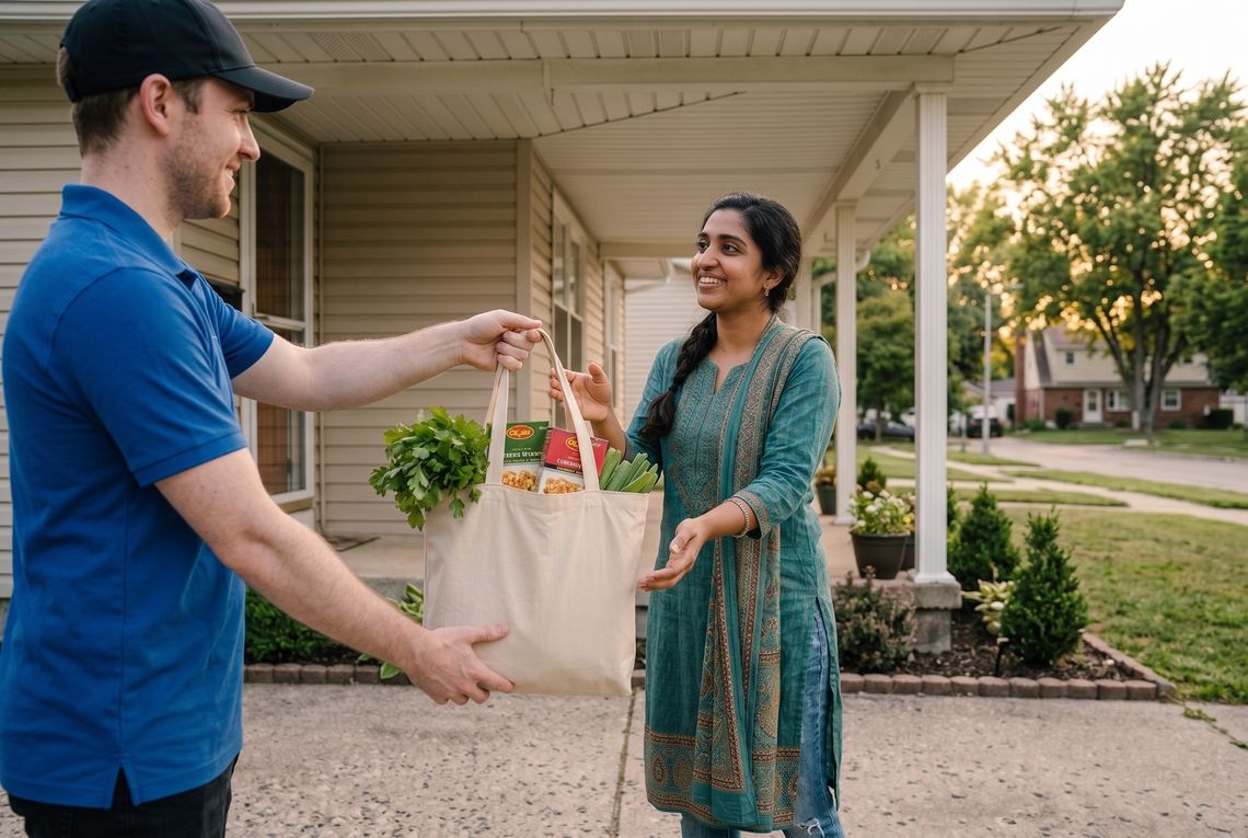 A Totesi driver handing a canvas tote of groceries and fresh coriander to a smiling woman on her front porch at golden hour.