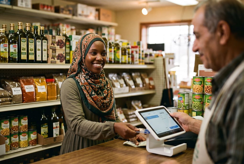 A shopper in a patterned headscarf smiling as she pays by card at the counter of a neighborhood grocery store, the owner turning the card reader toward her.