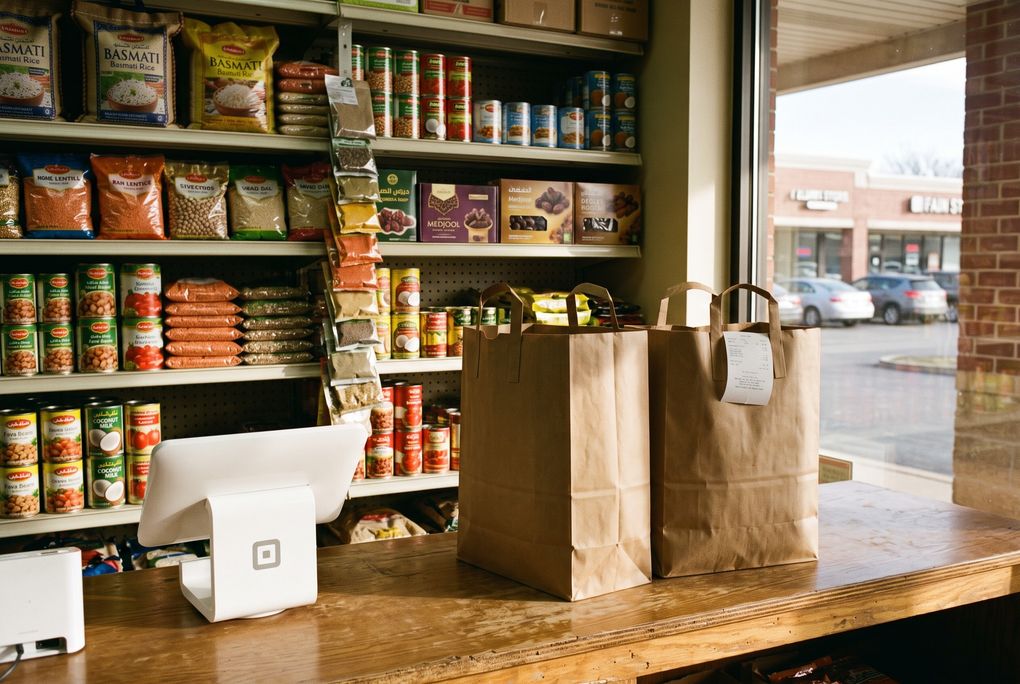 Two packed paper grocery bags waiting on a shop counter, basmati rice and Medjool dates on the shelves behind, a Kansas City strip mall through the window.